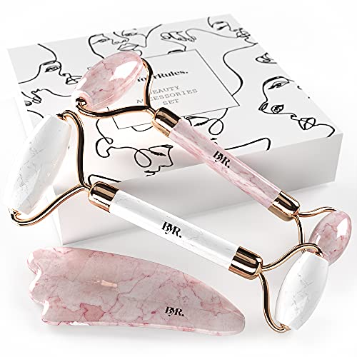 ByYourRules Rodillo Masajeador Facial Jade, Piedra Gua Sha Facial & Rodillo Facial Cuarzo Rosa - Rodillo de Jade Facial Masaje, Rodillo Cuarzo Rosa & Piedra Cuarzo Rosa Guasha para el Masaje Facial