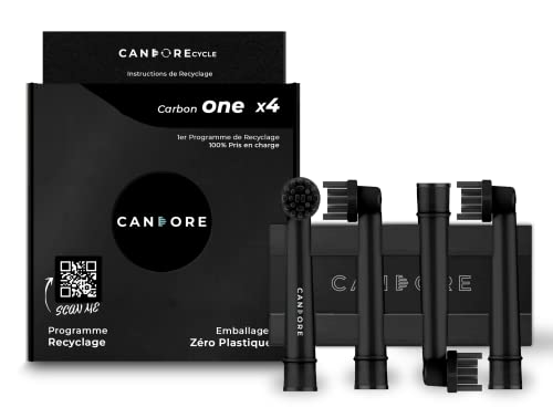 Candore - 4 Cabezales Responsables Carbon One | Infusión de carbón, Cepillado óptimo - Para Oral-B B Cepillo de Dientes Eléctricos | Programa de reciclaje | Envases sin plástico | Cuerpo Negro intenso