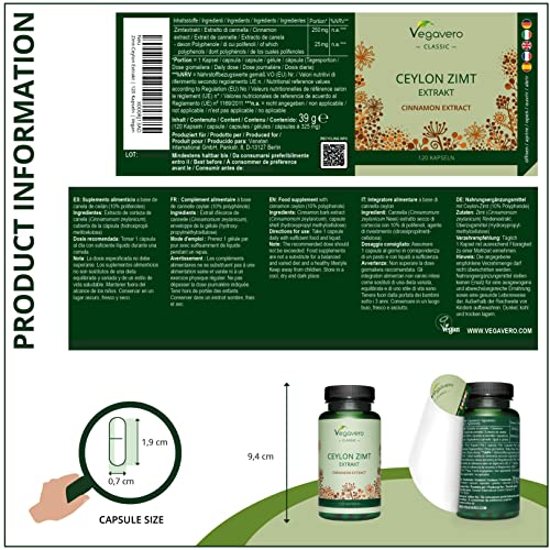 Canela de Ceylán Vegavero® | 2000 mg | Sin Aditivos Artificiales | Control de Glucosa - Azúcar en Sangre | 120 Cápsulas | Apto para Veganos