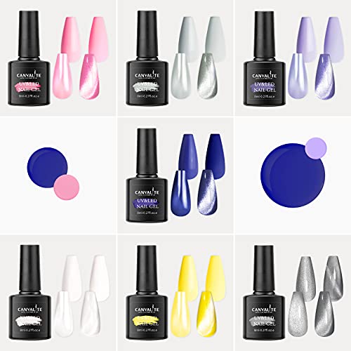 Canvalite Esmaltes Semipermanentes de Uñas en Gel UV LED, 7 Colors 3D Ojo de Gato con Imán, Base y Top Coat, Gel Uñas Manicura Kit Para DIY Salon 10PCS Kit de Esmaltes de Uñas 8ml (7 Colors)