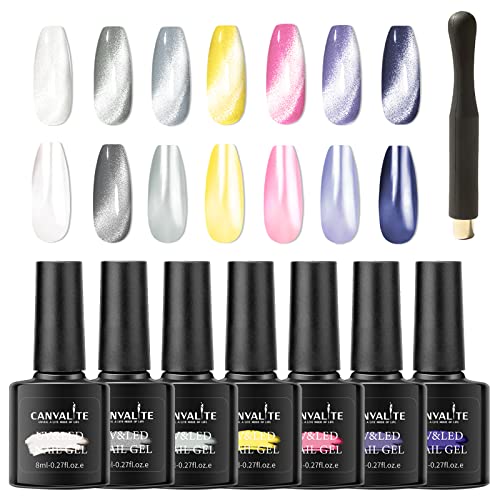 Canvalite Esmaltes Semipermanentes de Uñas en Gel UV LED, 7 Colors 3D Ojo de Gato con Imán, Base y Top Coat, Gel Uñas Manicura Kit Para DIY Salon 10PCS Kit de Esmaltes de Uñas 8ml (7 Colors)