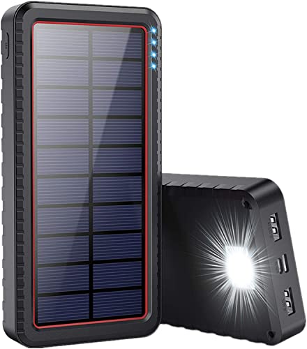 Cargador Solar, Batería Externa Solar 26800mAh con Entrada Tipo C y 2 Salidas USB, Power Bank Solar de Carga Rápida con Linterna LED para Deportes al Aire Libre