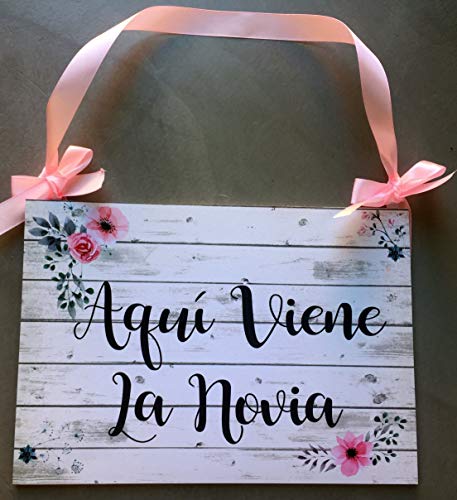 Cartel Aquí Viene la Novia para Bodas flores rosas