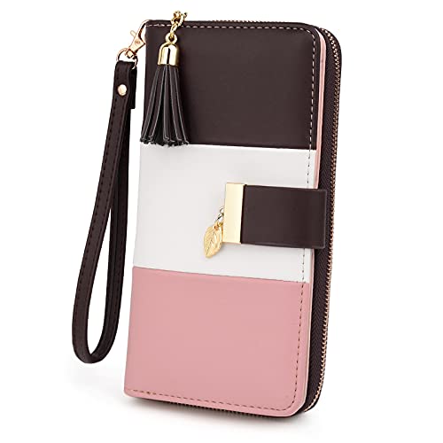 Cartera de Mujer - UTO Monedero Grande de Cremalleras Cuero Sintético Diseño de Combinación de Colores de Moda con Borla