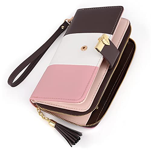 Cartera de Mujer - UTO Monedero Grande de Cremalleras Cuero Sintético Diseño de Combinación de Colores de Moda con Borla