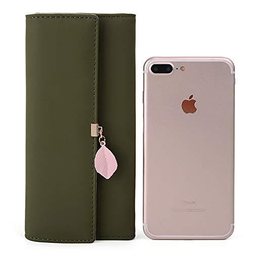 Cartera de Mujer - UTO Monedero Largo Adorno Hoja Colgante Cartera Minimalista con Bolsillo de Cremallera para Monedas Verde Hierba