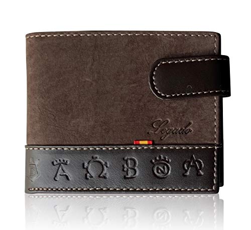 Cartera LEGADO Serraje de Ubrique hecha en piel de toro Billetera Tarjetero y Monedero para Hombre de Cuero Regalo Pulsera bandera de España y tarjeta de proteccion RFID (Marrón Horizontal con Broche)