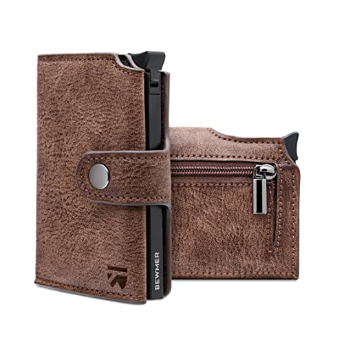 Cartera Tarjetero BEWMER 2 para Hombre y Mujer con Monedero | Billetera Minimalista Porta Tarjetas de Crédito (Protección RFID), Billetes y Monedas (Marrón)