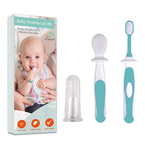 Cepillo de dientes de bebé 0-2 años – Juego de 3 piezas con cepillo de dientes de bebé y cepillo de dientes masticable para la dentición del bebé (azulado)