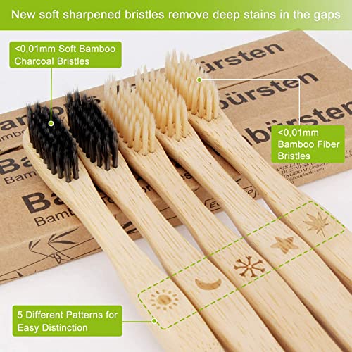 Cepillo Dientes Bambu, Paquete de 10 Cepillos de Dientes,5 cepillo de carbón bambú y 5 cepillo de fibra bambú,100% Libre de BPA,Cepillos de Dientes Naturales y Veganos para Una Mejor Limpieza