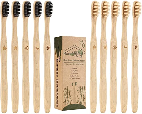 Cepillo Dientes Bambu, Paquete de 10 Cepillos de Dientes,5 cepillo de carbón bambú y 5 cepillo de fibra bambú,100% Libre de BPA,Cepillos de Dientes Naturales y Veganos para Una Mejor Limpieza