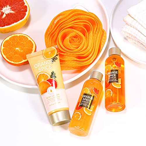 Cestas Regalo Mujer, Body & Earth Set Regalo Mujer 4 Piezas Fragancia Naranja con Gel de Ducha, Baño de Burbujas, Loción Corporal, Flor de Baño Pack Regalo Mujer para Cumpleaños Navidad Aniversario