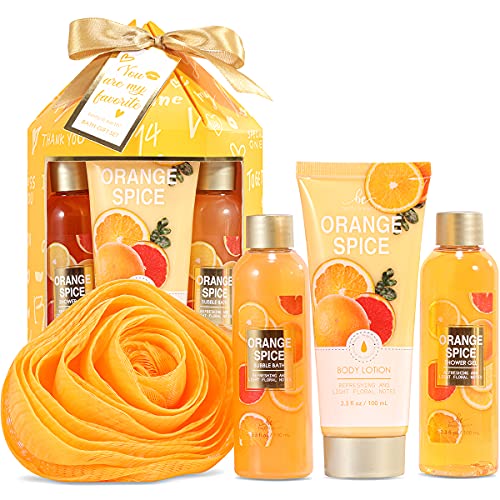 Cestas Regalo Mujer, Body & Earth Set Regalo Mujer 4 Piezas Fragancia Naranja con Gel de Ducha, Baño de Burbujas, Loción Corporal, Flor de Baño Pack Regalo Mujer para Cumpleaños Navidad Aniversario