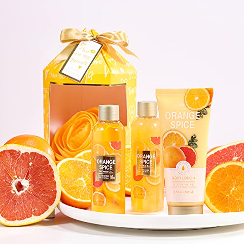 Cestas Regalo Mujer, Body & Earth Set Regalo Mujer 4 Piezas Fragancia Naranja con Gel de Ducha, Baño de Burbujas, Loción Corporal, Flor de Baño Pack Regalo Mujer para Cumpleaños Navidad Aniversario