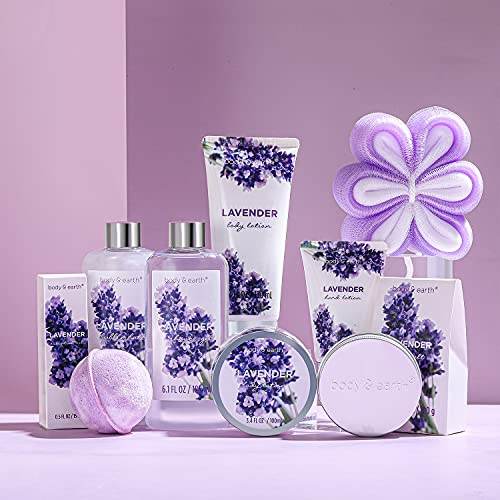 Cestas Regalo Mujer, Body & Earth Set Regalo Mujer Kits de Baño Spa 11 Piezas Aroma de Lavanda con Gel de Ducha Burbujas de Baño Aceite Esencial Caja Regalo Mujer para Navidad Cumpleaños Aniversario