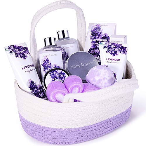 Cestas Regalo Mujer, Body & Earth Set Regalo Mujer Kits de Baño Spa 11 Piezas Aroma de Lavanda con Gel de Ducha Burbujas de Baño Aceite Esencial Caja Regalo Mujer para Navidad Cumpleaños Aniversario