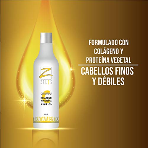 Champú Volumen Cabello Fino y Débil con Colágeno y Proteína Vegetal - 500 ml - Anti Encrespamiento - Uso Profesional - Fortalece el Cabello - Pelo más Resistente - Zelos