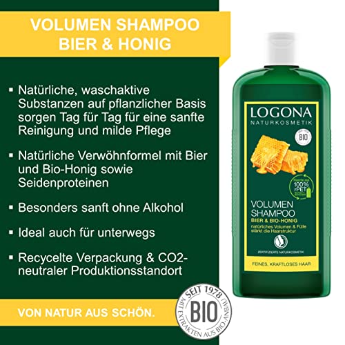 Champú Volumen de Cerveza & Miel Bio, aporta al Pelo Fino un Volumen de ensueño, fortalece y aporta Riqueza, Acabado Brillante, con extractos de Plantas Bio, de LOGONA cosmética Natural