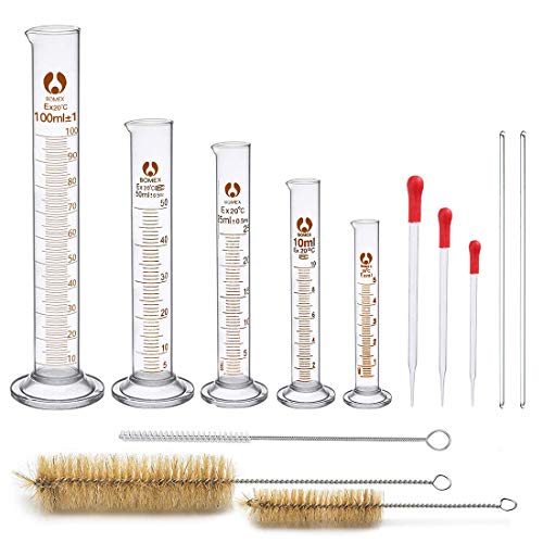 Cilindros de Medición, JESSTOLO 5 Piezas Juego de Cilindro de Medicion de Vidrio 5ml 10ml 25ml 50ml 100ml, con 3 Pipetas de Vidrio, 3 Cepillos de Limpieza y 2 Varillas de Agitación de Vidrio