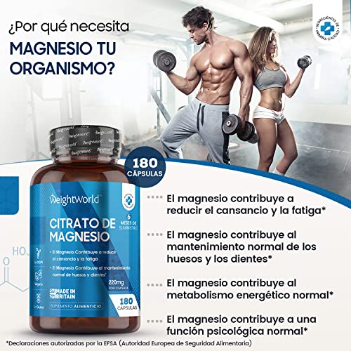 Citrato de Magnesio 740mg, 180 Cápsulas Vegano - 220mg de Magnesio Puro de Alta Biodisponibilidad, Suministro para 6 Meses, Reduce Cansancio y Fatiga, Equilibra los Electrolitos. Suplemento Deportivo