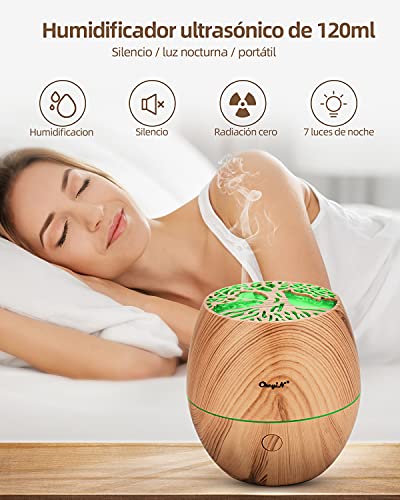 CkeyiN Humidificador Aceites Esenciales，Mini 120ml Difusor，Silencio, Lámpara de Siete Colores, Apagado Automático, Hogar, Apto para Personas de Todas Las Edades