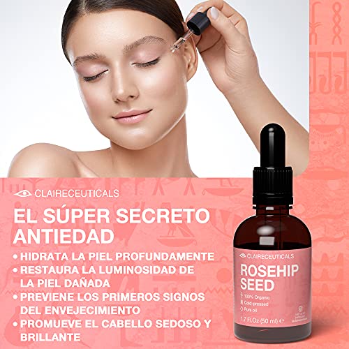 CLAIRECEUTICALS Aceite Rosa Mosqueta Puro 100% - Aceite de Rosa Mosqueta para Cicatrices - Aceite de Mosqueta para Estrias - Aceite de Rosa Mosqueta 100 Puro - Aceite Puro Rosa Mosqueta Facial, 50ml