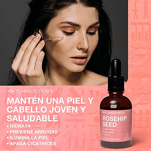 CLAIRECEUTICALS Aceite Rosa Mosqueta Puro 100% - Aceite de Rosa Mosqueta para Cicatrices - Aceite de Mosqueta para Estrias - Aceite de Rosa Mosqueta 100 Puro - Aceite Puro Rosa Mosqueta Facial, 50ml