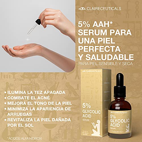 CLAIRECEUTICALS Serum Acido Glicolico 5% - Peeling Quimico No Invasivo con Ácido Glicolico - Serum Glicolico Facial con Ácido Hialurónico y Extracto de Té Verde - Eficaz Antiacné y Antiarrugas, 50ml