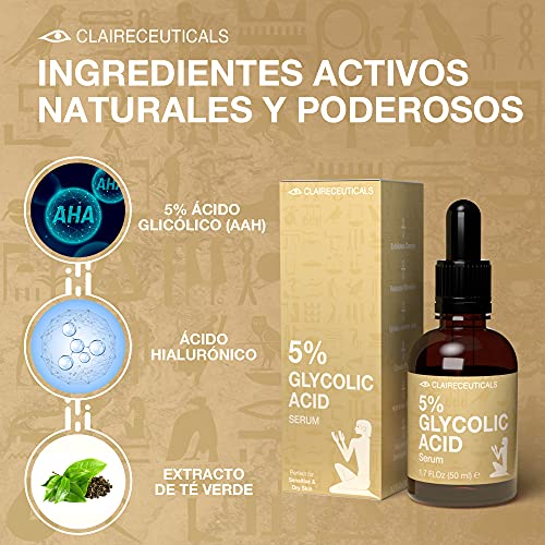 CLAIRECEUTICALS Serum Acido Glicolico 5% - Peeling Quimico No Invasivo con Ácido Glicolico - Serum Glicolico Facial con Ácido Hialurónico y Extracto de Té Verde - Eficaz Antiacné y Antiarrugas, 50ml