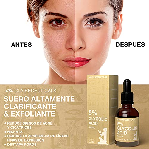 CLAIRECEUTICALS Serum Acido Glicolico 5% - Peeling Quimico No Invasivo con Ácido Glicolico - Serum Glicolico Facial con Ácido Hialurónico y Extracto de Té Verde - Eficaz Antiacné y Antiarrugas, 50ml