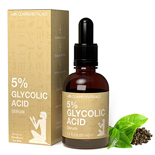 CLAIRECEUTICALS Serum Acido Glicolico 5% - Peeling Quimico No Invasivo con Ácido Glicolico - Serum Glicolico Facial con Ácido Hialurónico y Extracto de Té Verde - Eficaz Antiacné y Antiarrugas, 50ml