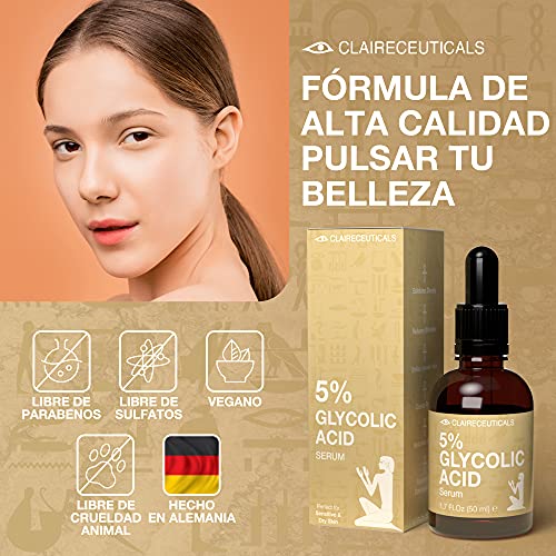 CLAIRECEUTICALS Serum Acido Glicolico 5% - Peeling Quimico No Invasivo con Ácido Glicolico - Serum Glicolico Facial con Ácido Hialurónico y Extracto de Té Verde - Eficaz Antiacné y Antiarrugas, 50ml