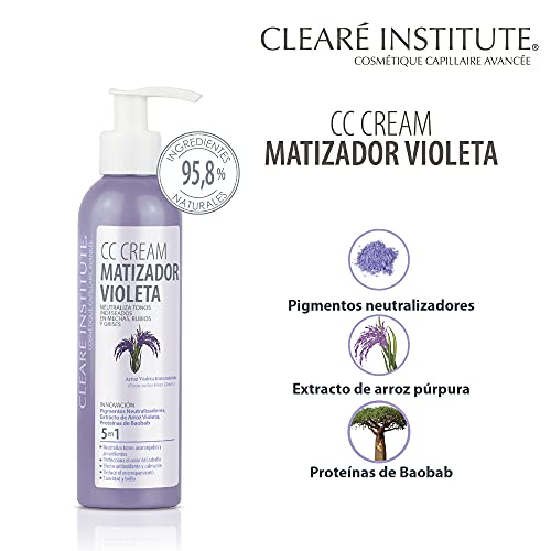 Clearé Institute CC Cream Matizadora Violeta | Matizador Morado que Neutraliza Tonos Indeseados en Mechas, Rubios y Grises | 95,8% Ingredientes Origen Natural y Extracto de Arroz Violeta. 200ml