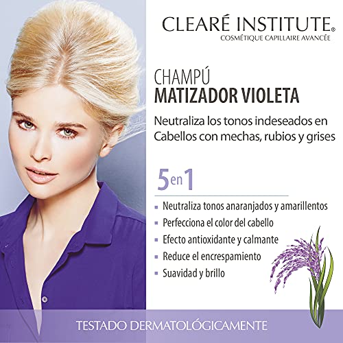 Clearé Institute | Champú Matizador Violeta | Neutraliza Tonos Indeseados | Champú Morado Matizador Especial Pelo Teñido, Rubio, Decolorado o Grises | 96.6% de Ingredientes Naturales. 400ml