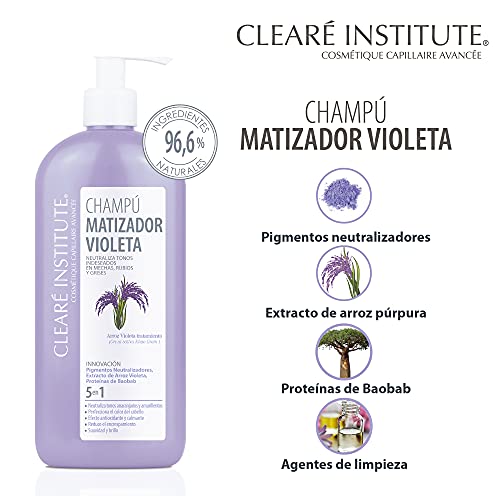 Clearé Institute | Champú Matizador Violeta | Neutraliza Tonos Indeseados | Champú Morado Matizador Especial Pelo Teñido, Rubio, Decolorado o Grises | 96.6% de Ingredientes Naturales. 400ml