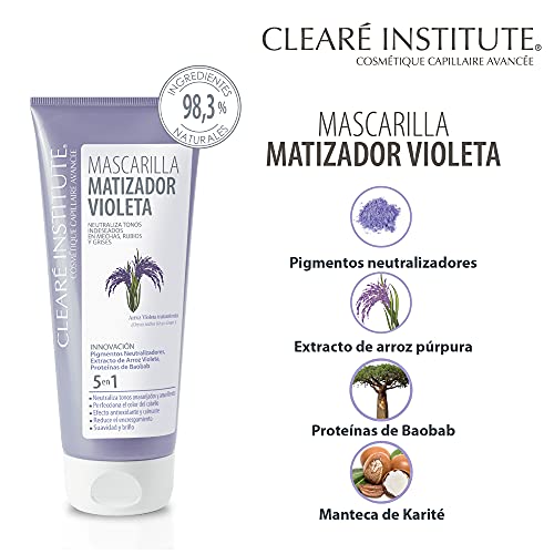 Clearé Institute Mascarilla Matizadora Violeta | Neutraliza Tonos Indeseados | Mascarilla Matizante Morada Especial en Mechas, Rubios y Grises | 98,3% Ingredientes Naturales y Arroz Violeta. 200ml