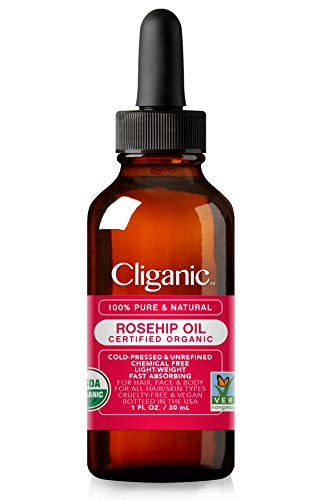 Cliganic Aceite de Rosa Mosqueta Bio, 100% Puro Ecologico (30ml) prensado en frio, natural vegano | para cabello, cara, cuticulas, pelo | certificado orgánico vegetal | 90 días garantía