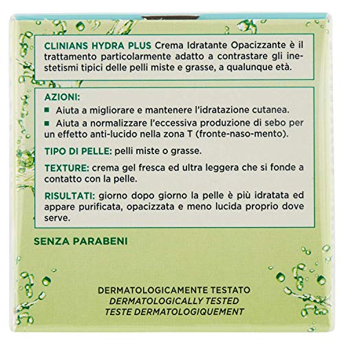 CLINIANS HYDRA PLUS crema-gel facial hidratante opacificante para pieles mixtas o grasas, con Pepino y Agua de Té Verde, 50 mL