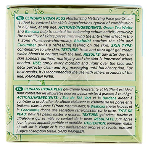 CLINIANS HYDRA PLUS crema-gel facial hidratante opacificante para pieles mixtas o grasas, con Pepino y Agua de Té Verde, 50 mL