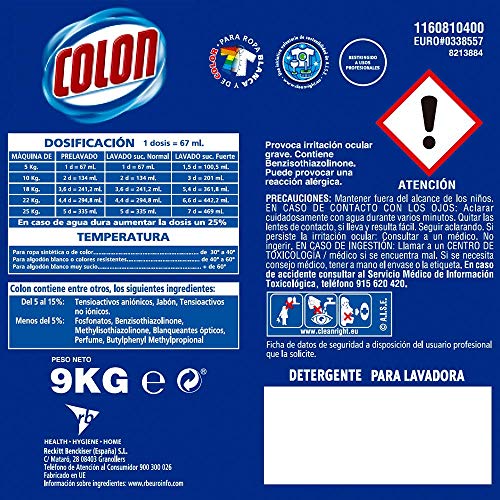 Colon - Detergente para lavadora profesional, adecuado para ropa blanca y de color, formato gel - 9 kg