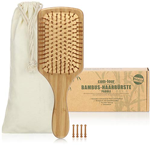 com-four® Cepillo de Pelo Natural Hecho de bambú con cerdas Naturales - para Hombres, Mujeres, niños - 100% Vegano (1 Pieza - Cepillo de Paleta)