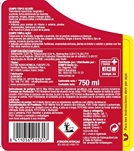 COMPO Triple Acción, Protección contra insectos, hongos y ácaros, Para plantas de interior y exterior, Resultados en 24h, Envase pulverizador, 750 ml