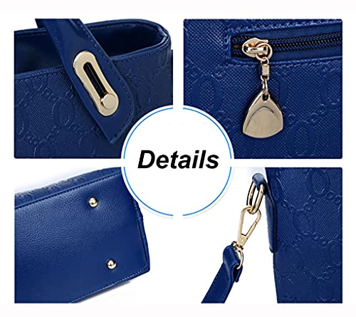 Conjunto de bolsa de cuero de PU de 4 piezas con asa superior para mujer (bolsa grande, bolso, bandolera, tarjetero), Azul