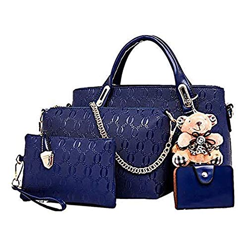 Conjunto de bolsa de cuero de PU de 4 piezas con asa superior para mujer (bolsa grande, bolso, bandolera, tarjetero), Azul