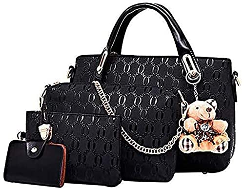 Conjunto de bolsa de cuero de PU de 4 piezas con asa superior para mujer (bolsa grande, bolso, bandolera, tarjetero), Negro