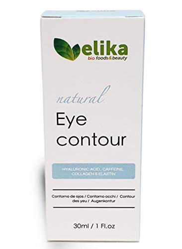 Contorno de Ojos “Carlotta” de Elikafoods®. Ácido hialurónico, cafeína, colágeno y elastina. Tratamiento anti-bolsas y ojeras. Para mujer y hombre, indicada para cualquier tipo de piel, 30ml.