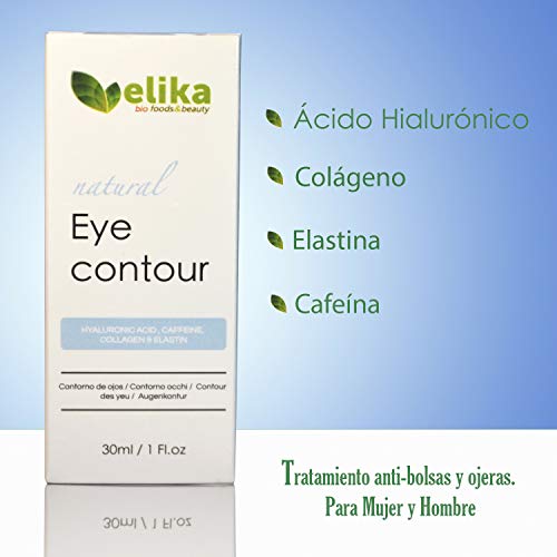 Contorno de Ojos “Carlotta” de Elikafoods®. Ácido hialurónico, cafeína, colágeno y elastina. Tratamiento anti-bolsas y ojeras. Para mujer y hombre, indicada para cualquier tipo de piel, 30ml.