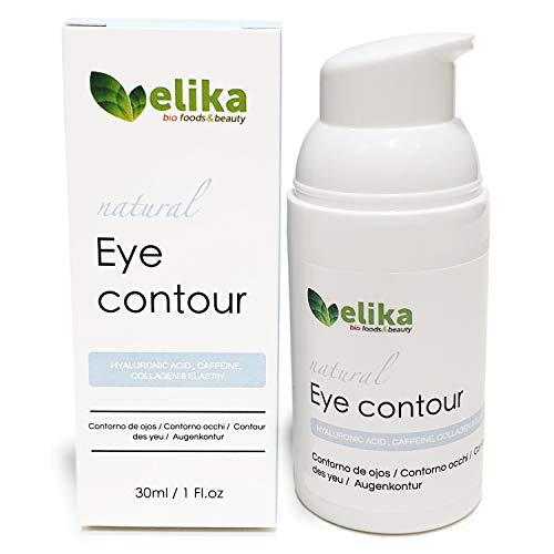 Contorno de Ojos “Carlotta” de Elikafoods®. Ácido hialurónico, cafeína, colágeno y elastina. Tratamiento anti-bolsas y ojeras. Para mujer y hombre, indicada para cualquier tipo de piel, 30ml.