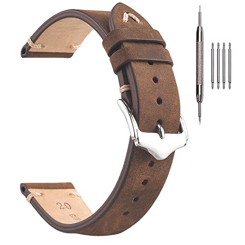 Correas de Reloj de Cuero de 18 mm, EACHE Crazy Horse Bandas de Reloj de Piel de Becerro para Hombres Marrón