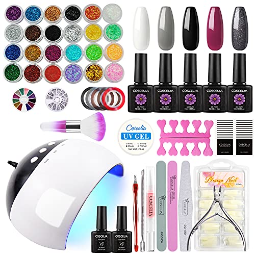 Coscelia Esmalte Semipermanente 5PCS Kit Uñas de Gel Pintauñas Soak off 10ML Secador de Uñas LED/U-V Gel Esmalte de Uñas Curado Luz Máquina 24W Nail Dryer Top Coat Base Coat Manicura Kit